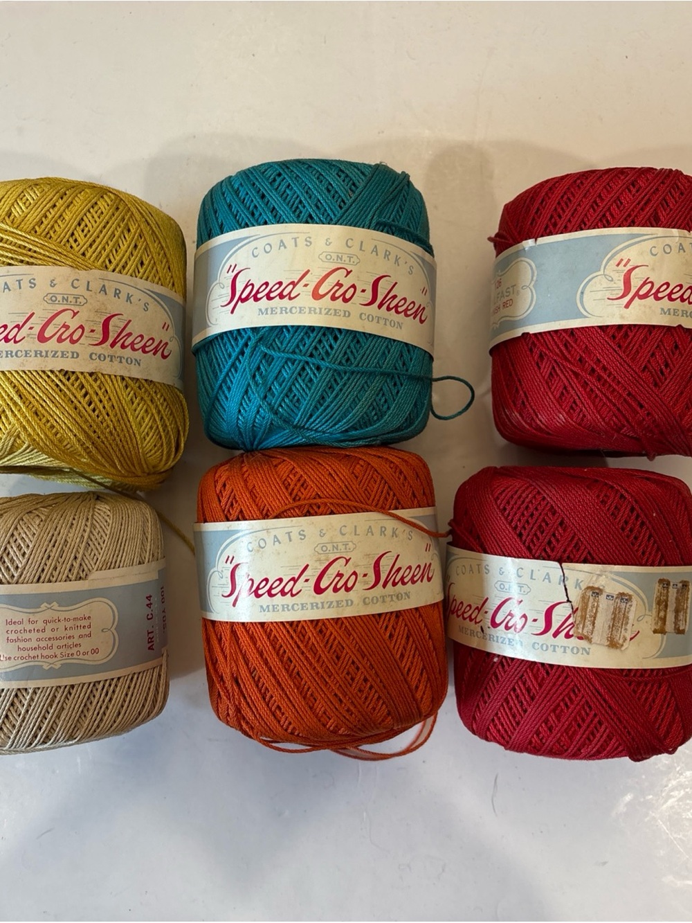 6 New Skeins Vintage Coats & Clarks Speed-Cro-Sheen Cotton Yarn 5 Various Colors